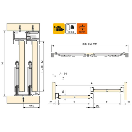 Zestaw systemu Placard 81 do drzwi przesuwnych z cichym domykiem do 30 kg 18 mm profil cięty na 1,95 m + reszta Wave Emuca